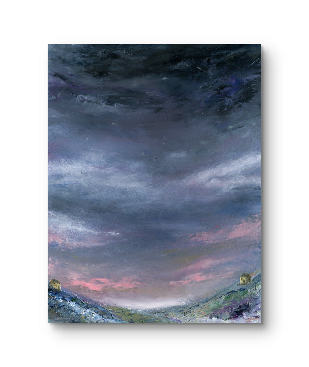 Painting of a landscape with a dramatic sky transitioning from dark to pink.