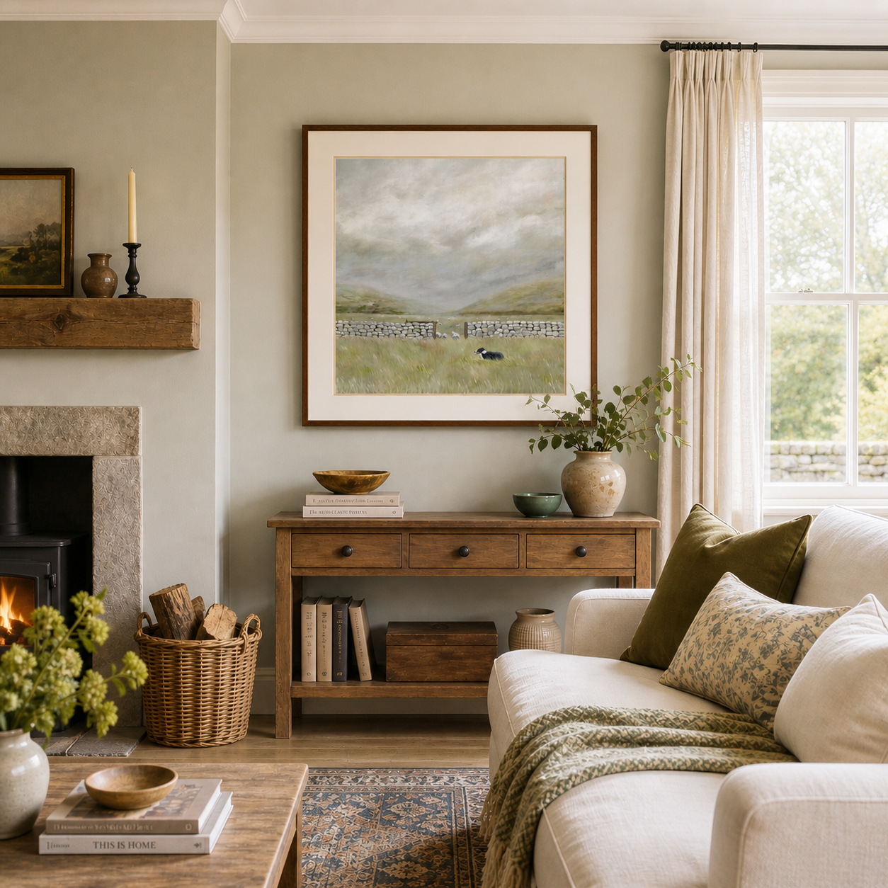 Cozy living room with a fireplace, sofa, and framed artwork depicting a countryside moorland scene with sheepdog and dry stone wall 