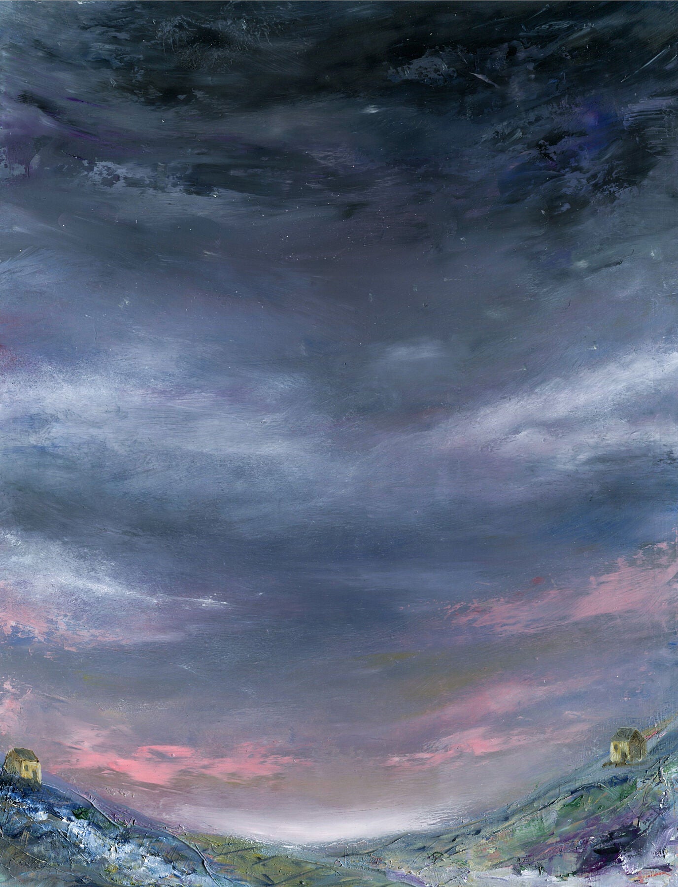 Artistic depiction of a moorland landscape with a dramatic night sky in shades of purple and blue.