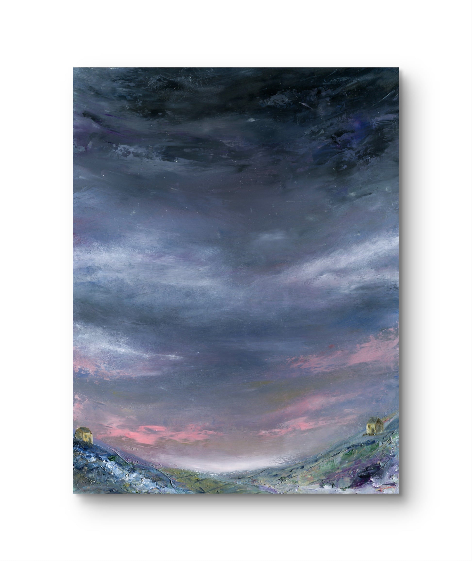 Painting of a landscape with a dramatic sky transitioning from dark to pink.