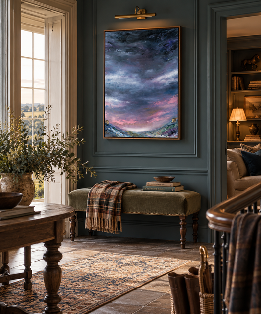 A framed vertical landscape painting of a stormy sky over mountains in purple, blue, and pink tones, displayed on a dark teal wall in a beautifully styled home interior with a bench, rug, and wooden furniture.