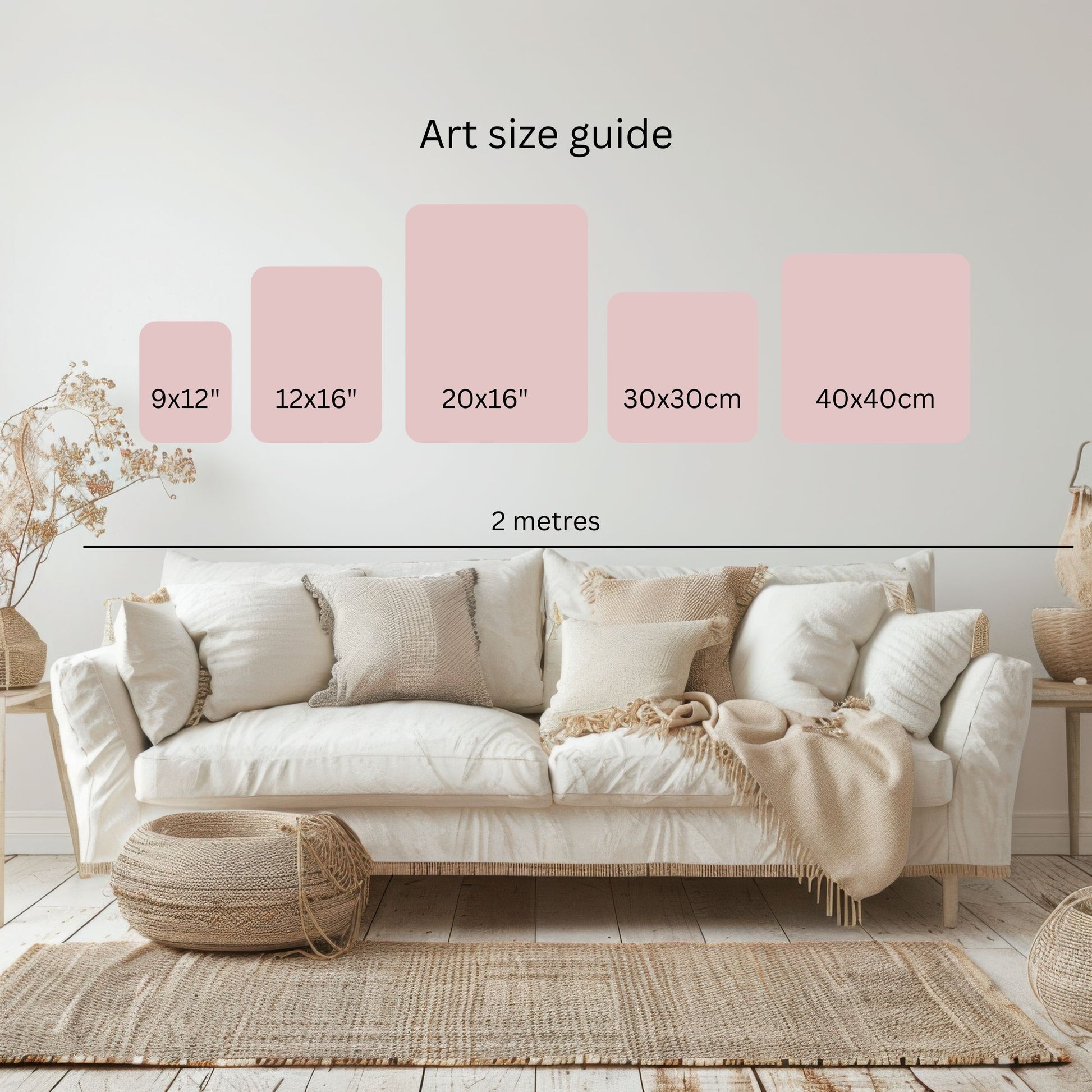 Living room with a white sofa and decorative elements, featuring art size guide for pink artworks.