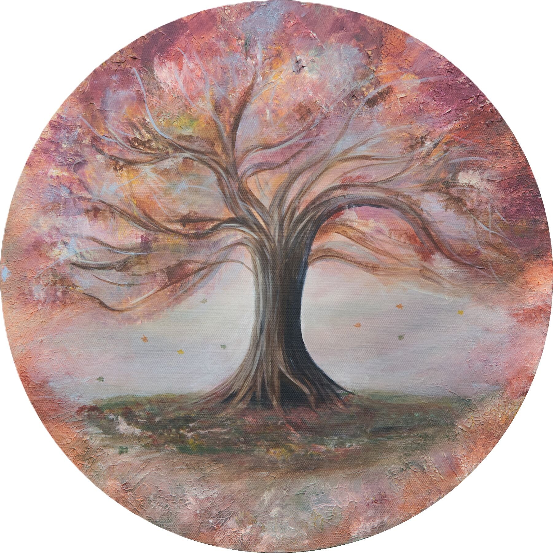 Artistic depiction of a tree with a colorful, abstract background