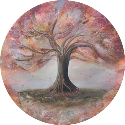 Artistic depiction of a tree with a colorful, abstract background