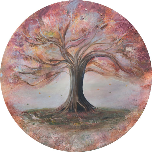 Artistic depiction of a tree with a colorful, abstract background