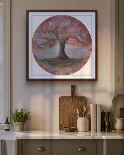 Kitchen interior with a tree painting on the wall, wooden cutting board, and kitchen utensils.