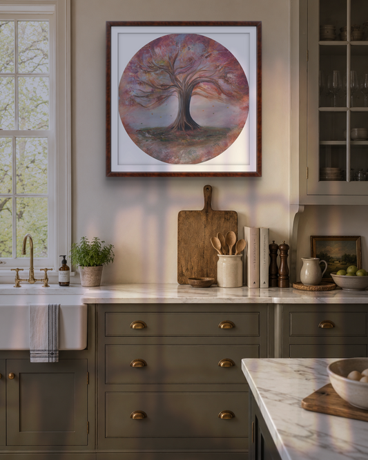 Kitchen interior with a tree painting on the wall, wooden cutting board, and kitchen utensils.