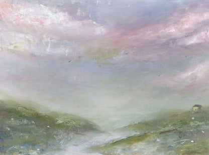 Painting of a moorland landscape with misty sky and green fields