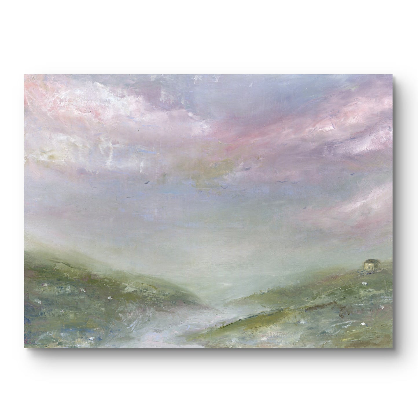 Painting of a landscape with a pastel sky and green fields.