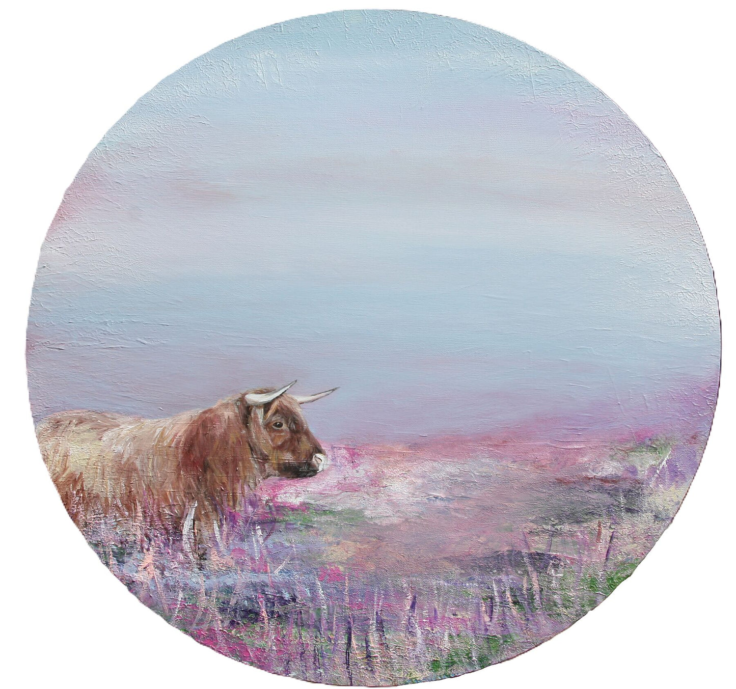 Painted image of a Highland cow in a field with a pastel-colored sky
