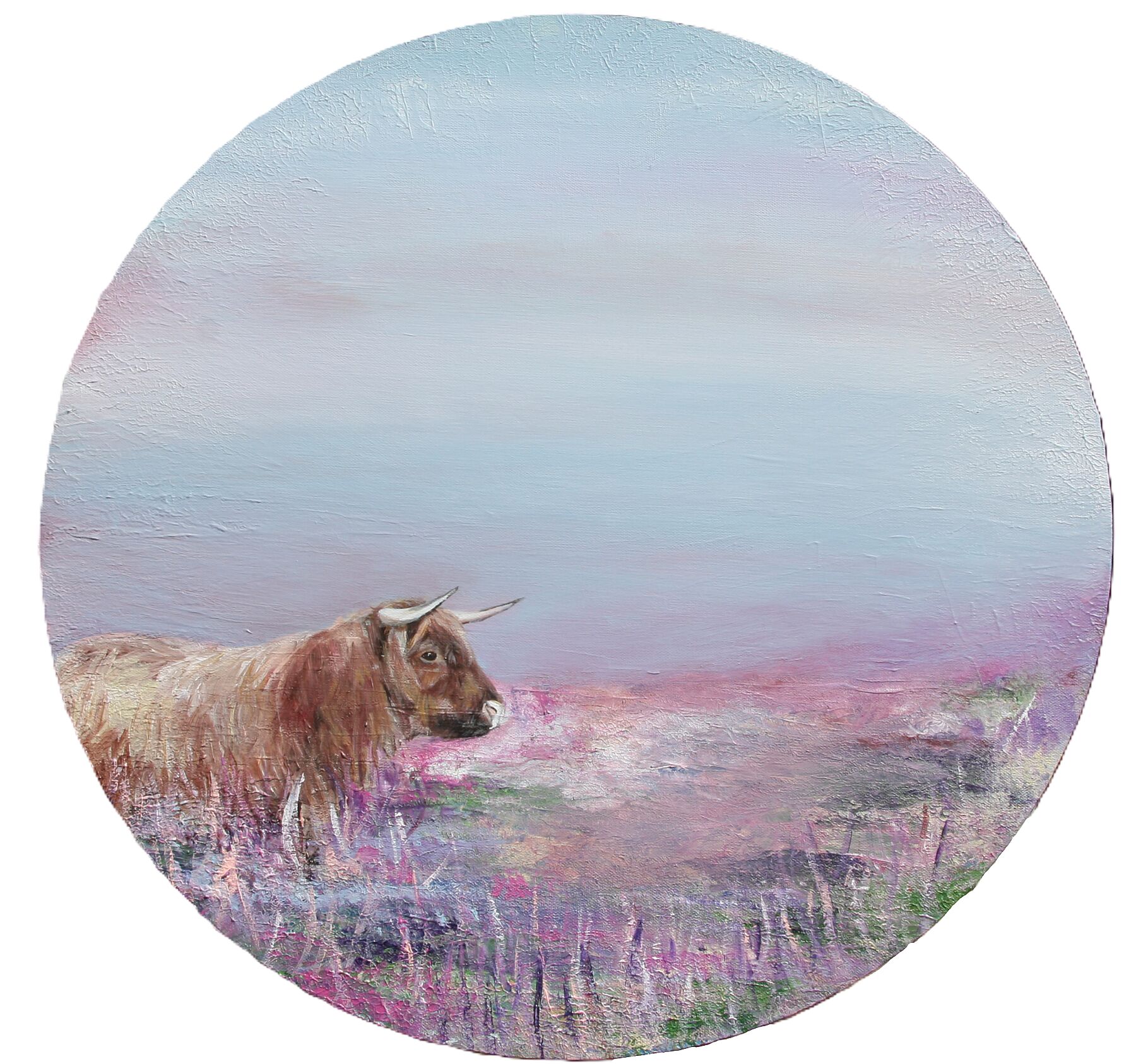Painted image of a Highland cow in a field with a pastel-colored sky