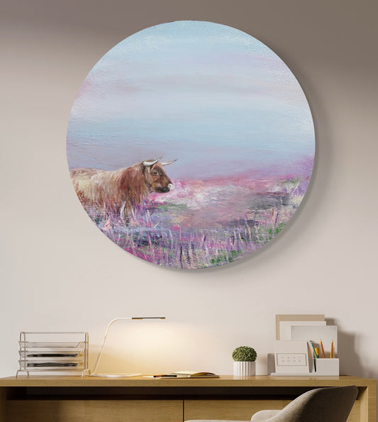 Highland cow painting on a circular canvas above a sideboard