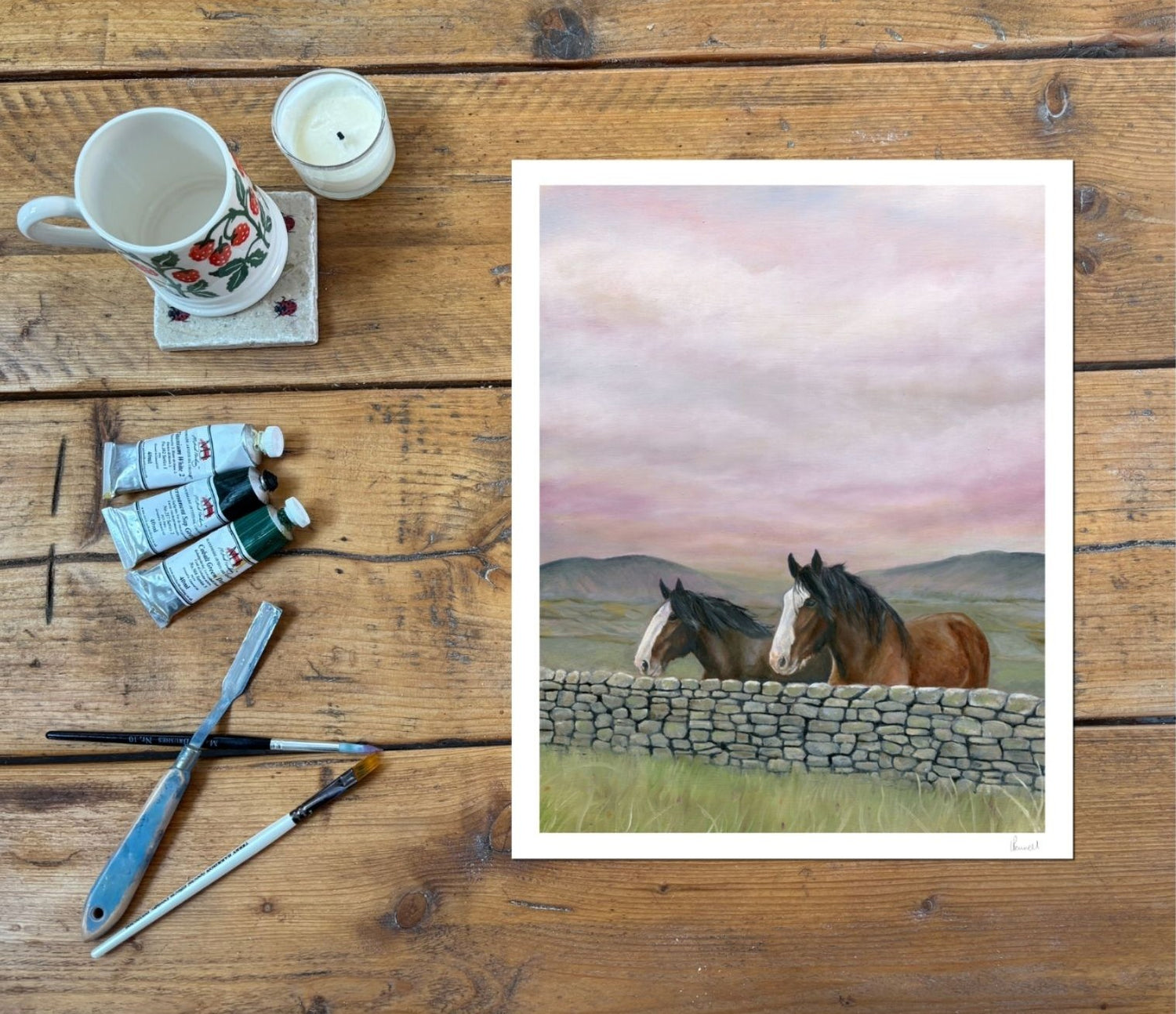 Clydesdale fine art print on a rustic table with paints and brushes