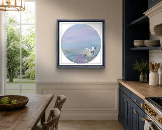 Kitchen interior with a framed picture of a horse on the wall