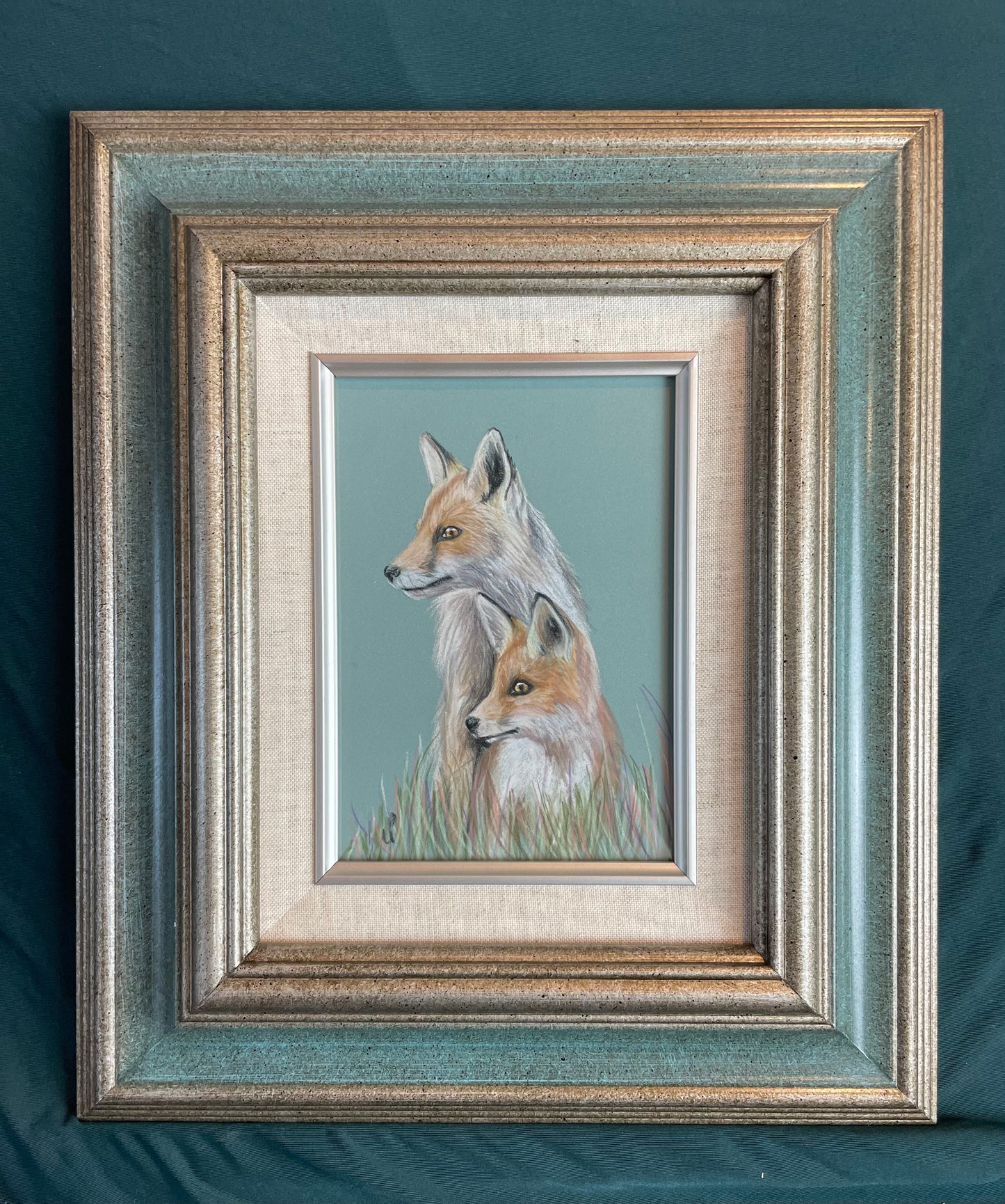 Fox pair original pastel pencil drawing