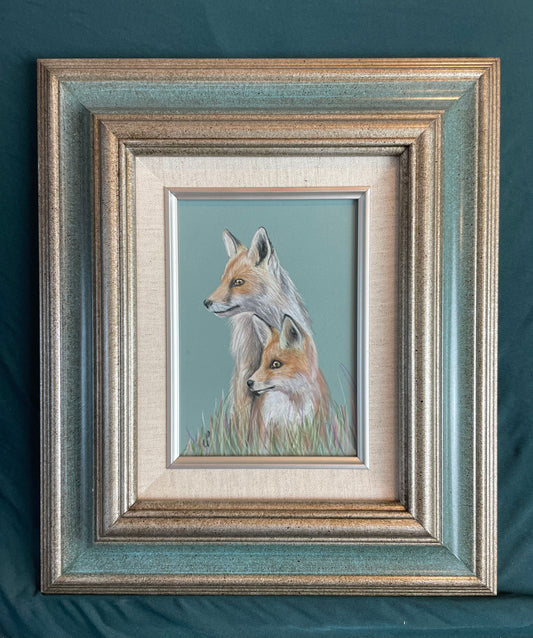 Fox pair original pastel pencil drawing