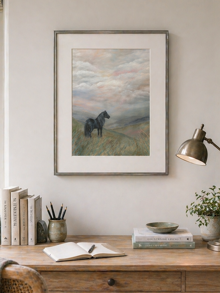 Home office with wooden desk, chair, lamp, and framed artwork of a horse.
