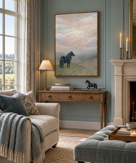 A framed landscape painting of a black horse standing in a grassy field under a pink and gray sky, displayed on a blue wall in a styled living room above a wooden console table.