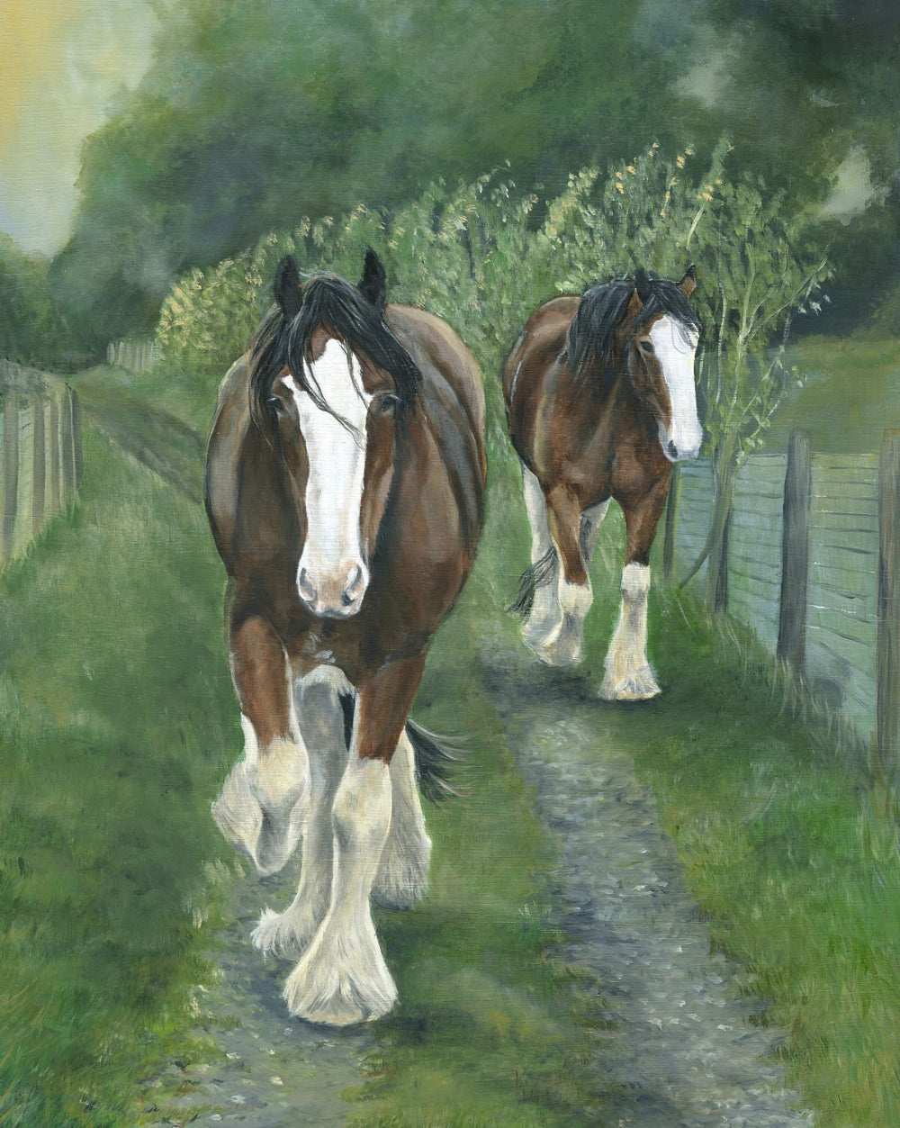 A painted scene of two large draft horses walking along a narrow path between fences and greenery. The foreground horse is brown with a white face and white feathering, and the second horse behind is dark brown with a white face and white lower legs.