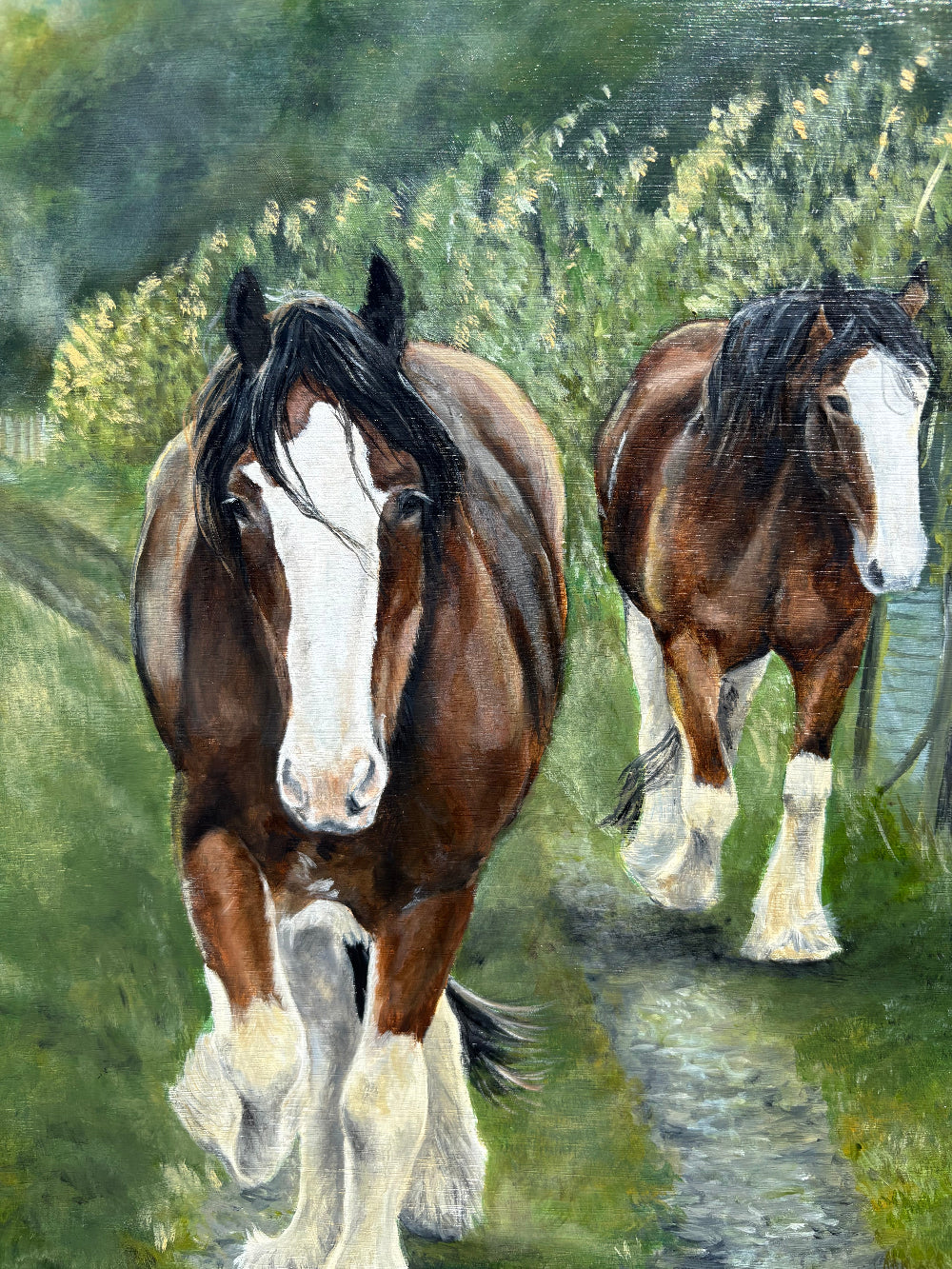 A painted scene showing two brown horses with white markings in a grassy outdoor setting, rendered in a painterly style with visible brush texture.