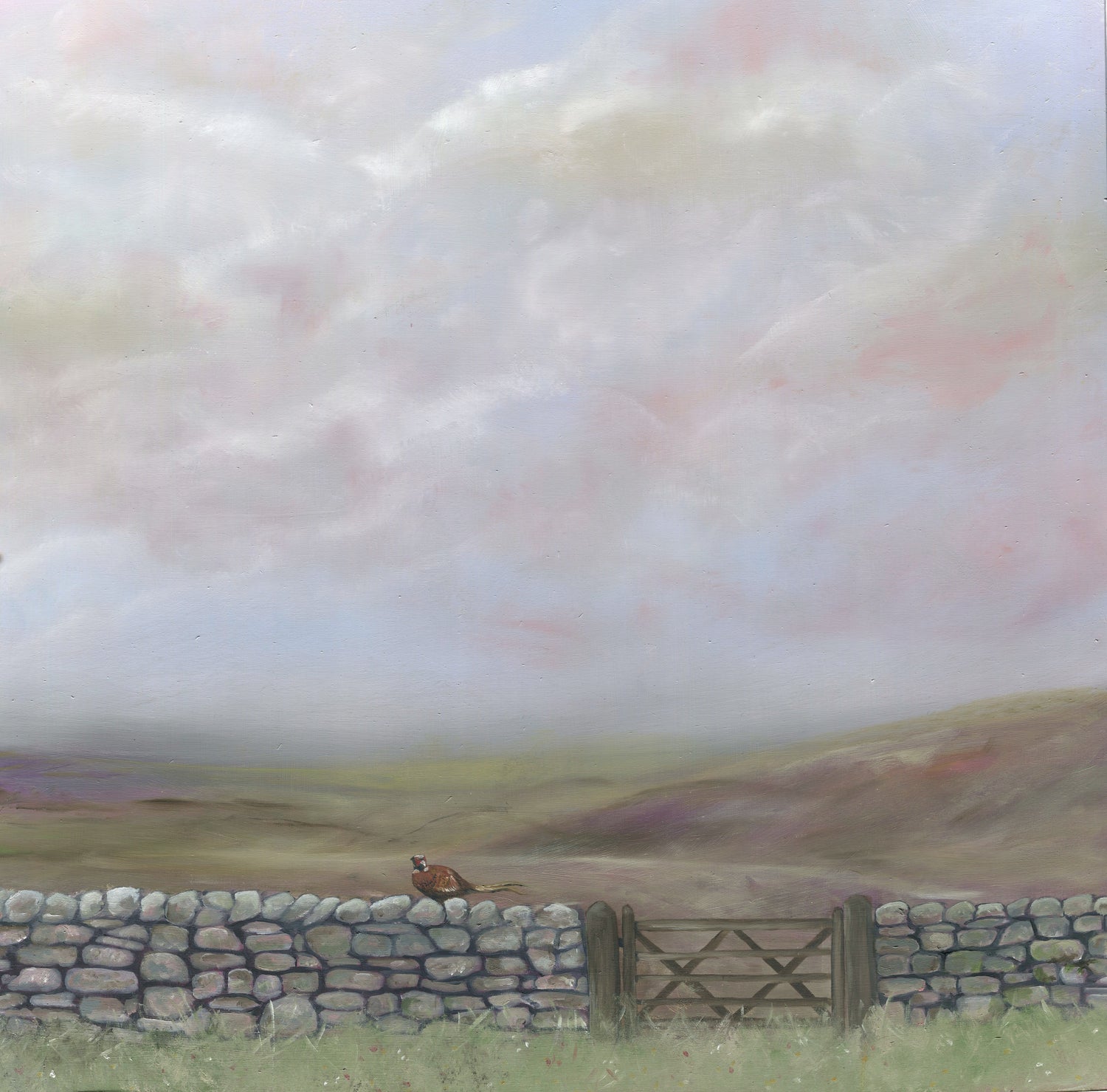 Moorland Landscape art print in pastel colours with drystone wall, featuring a pheasant and wooden gate.