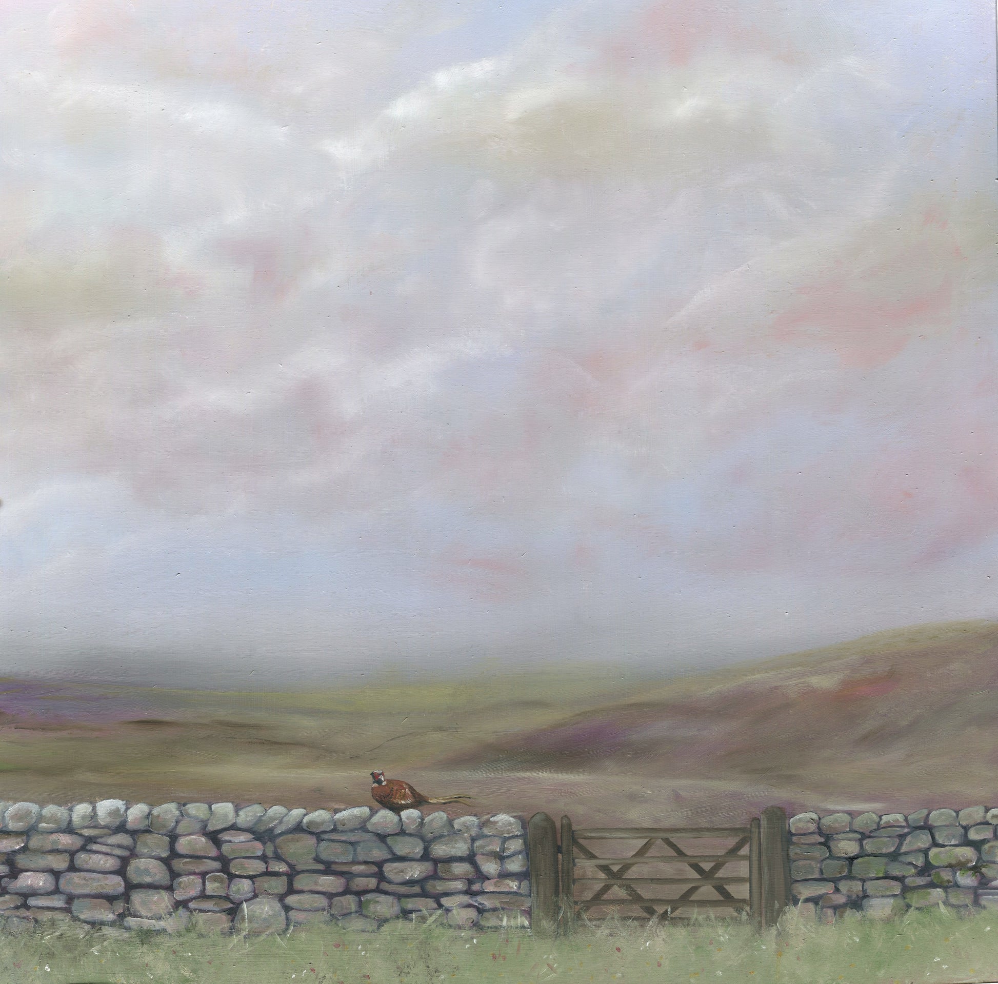 Moorland Landscape art print in pastel colours with drystone wall, featuring a pheasant and wooden gate.
