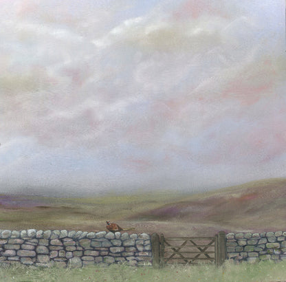 Moorland Landscape art print in pastel colours with drystone wall, featuring a pheasant and wooden gate.