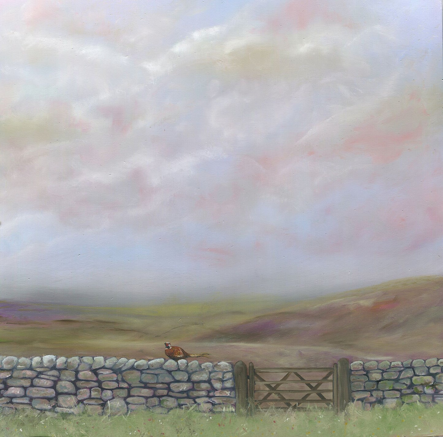 Scenic landscape with a stone wall and wooden gate, under a cloudy sky.