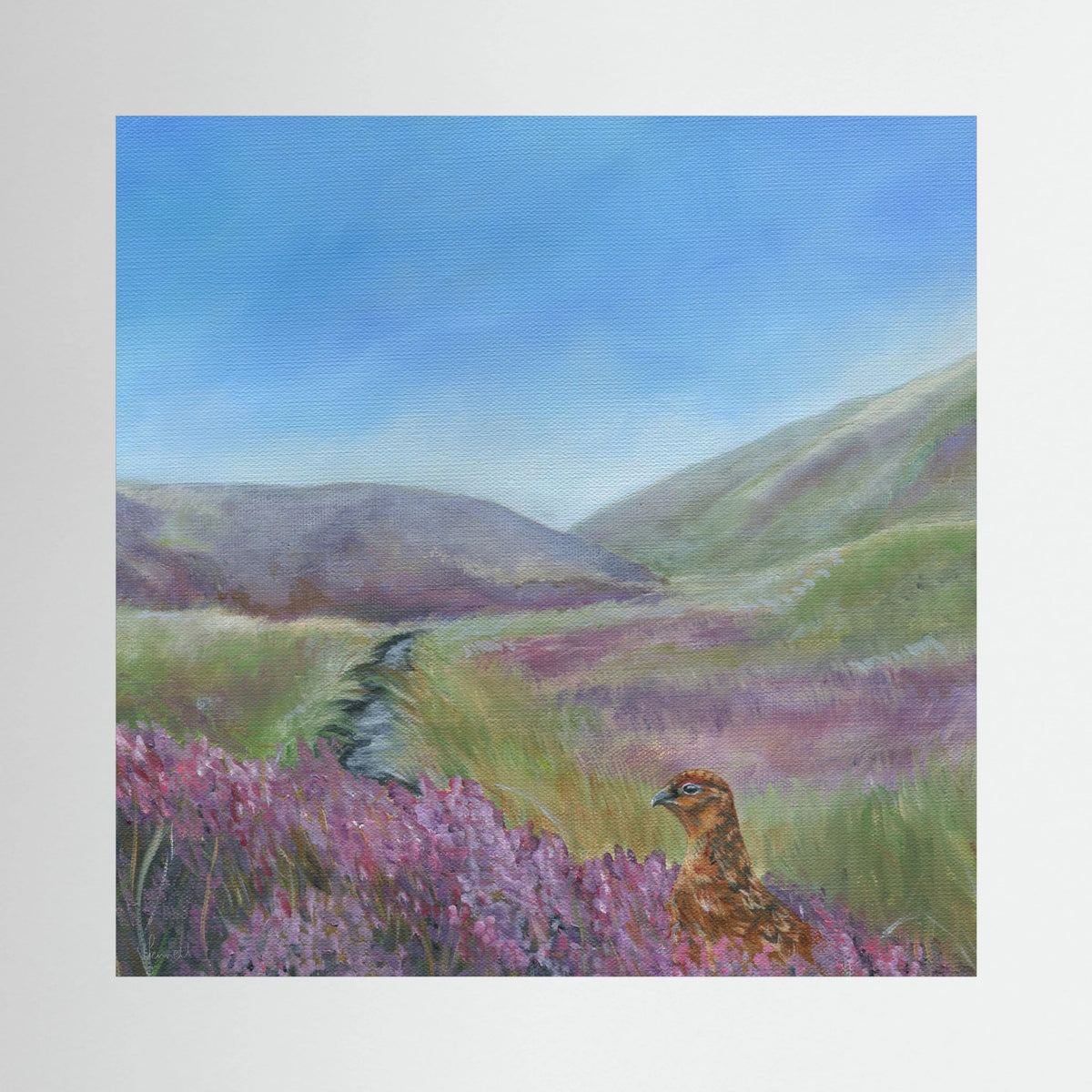 A square oil landscape painting featuring a brown bird perched on a field of pink-purple heather in the foreground, with rolling green and purple hills under a soft blue sky in the background.