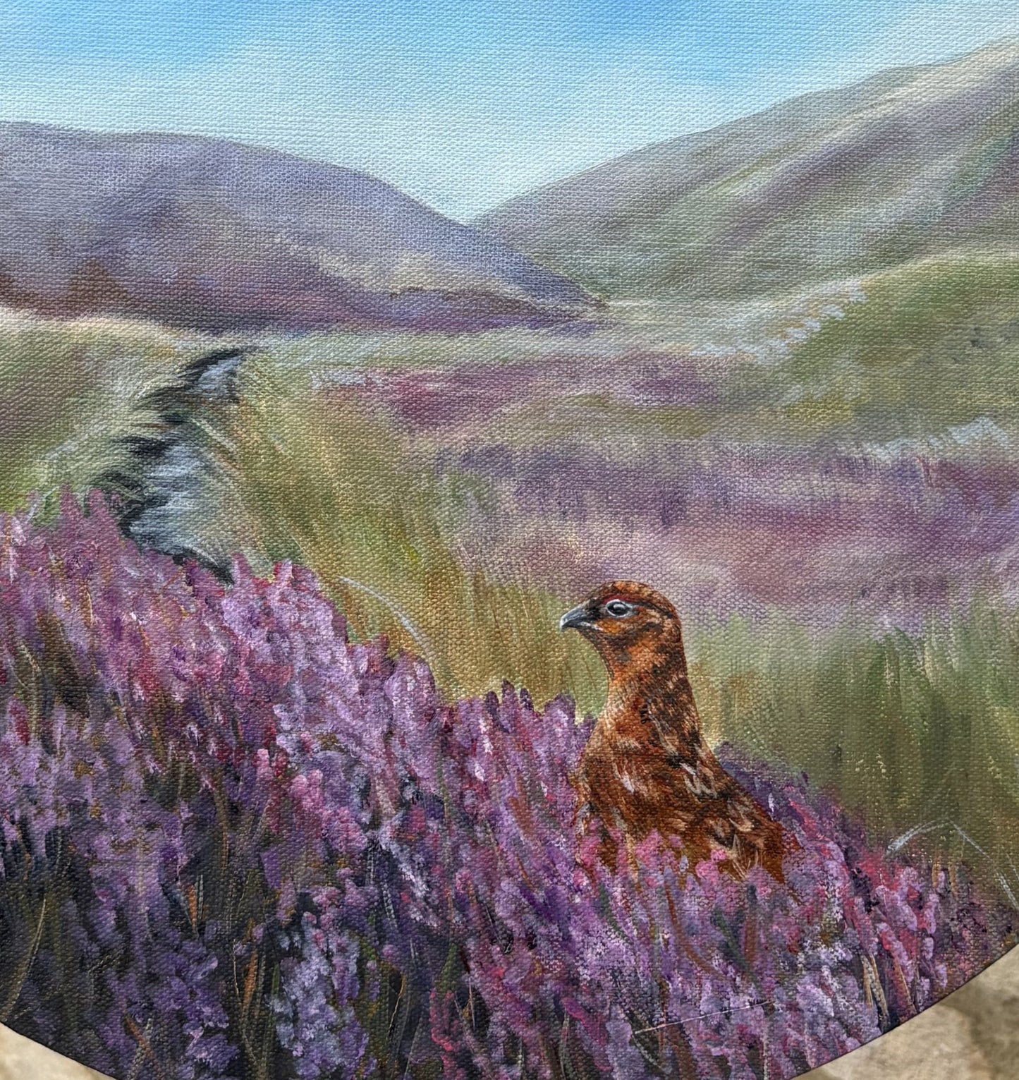 A close-up of a painted landscape showing purple heather in the foreground, a red grouse standing among the flowers, and rolling hillss in the background under a pale blue sky.