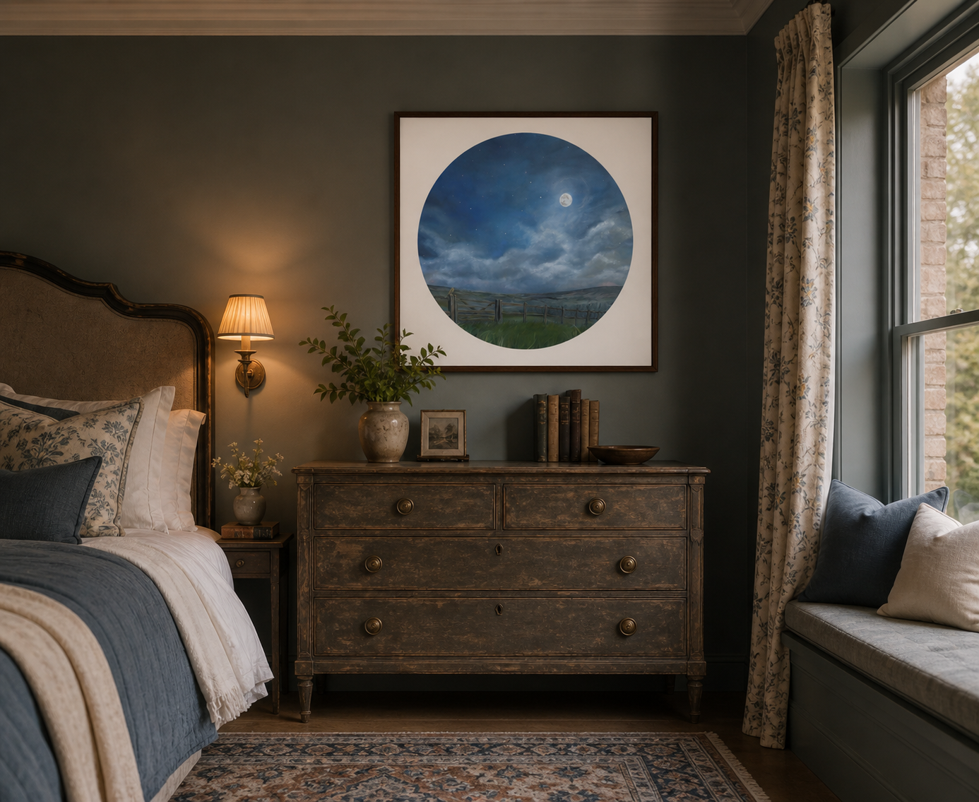 Cozy bedroom with dark walls, wooden dresser, and large window, with a Night scene art print framed on the wall