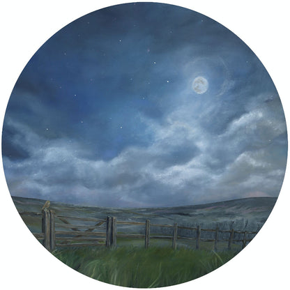 Countryside  artwork of a night sky with clouds and a moon over a moorland with a wooden fence.