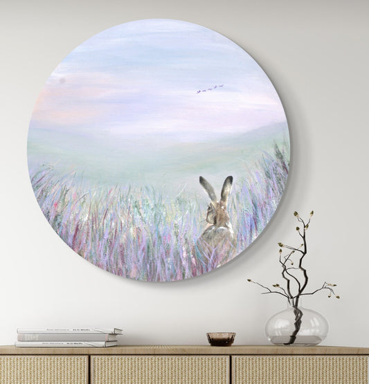 An acrylic painting depicting a hare peeping out through a wildflower border, with a vast sweeping landscape in the background. The artwork is  displayed on a wall above a furniture settee, with a vase of dried flowers to the side.