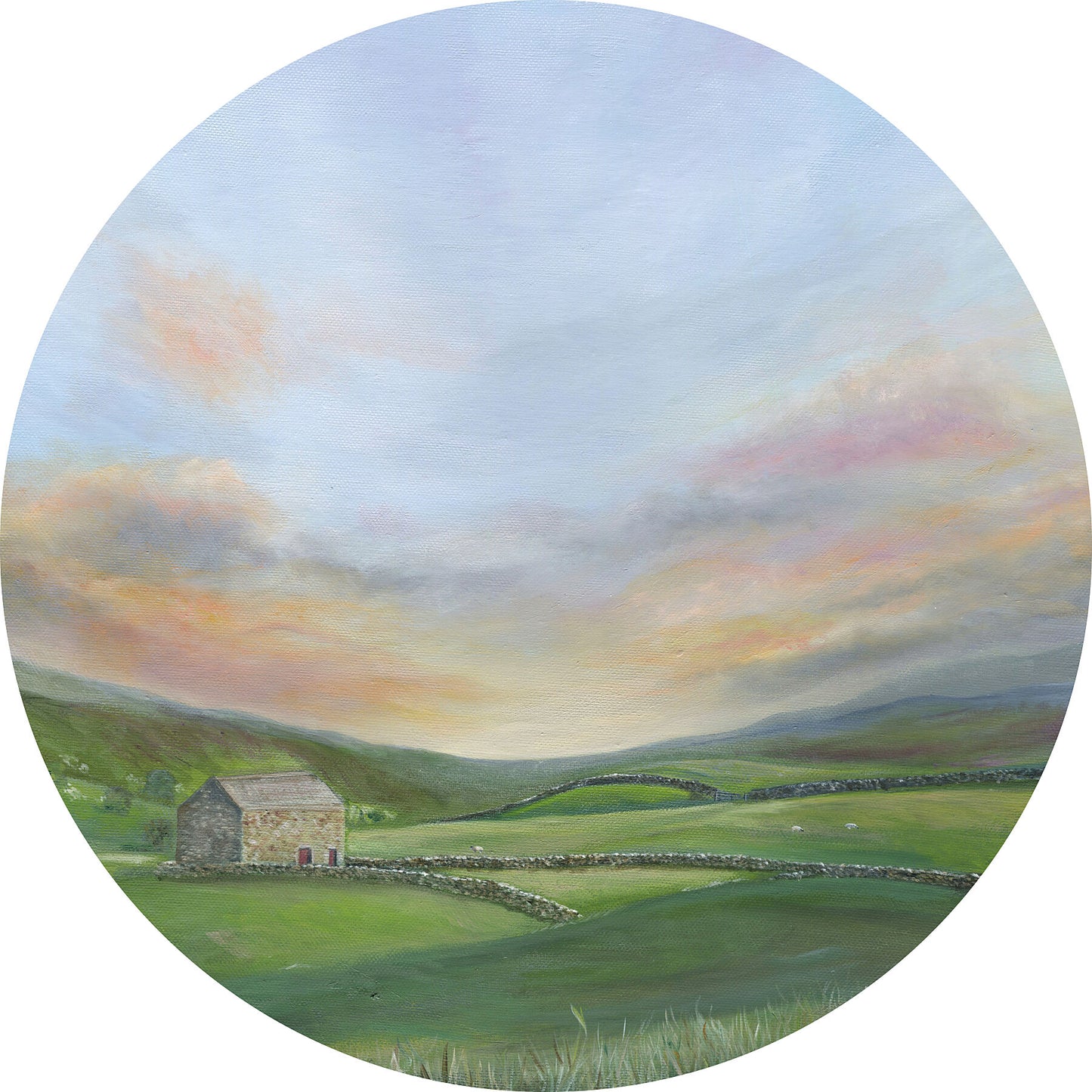 Round print  of a landscape with a house, stone wall, and rolling hills.