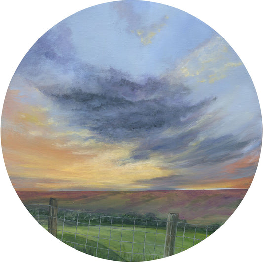 Painting of a sunset over a field with a fence