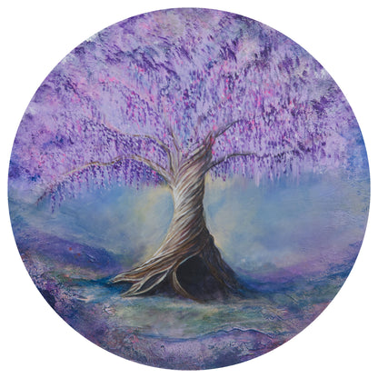 Painting of a tree with purple flowers on a circular background