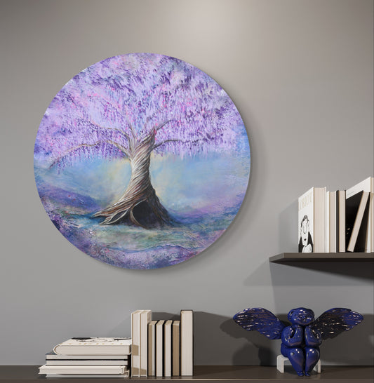 A twisting tree with purple blossom against a blue background, hanging above a dark shelf with ornaments 
