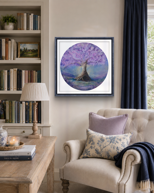 Living room with a framed artwork of a tree on a purple background, bookshelf, and armchair.