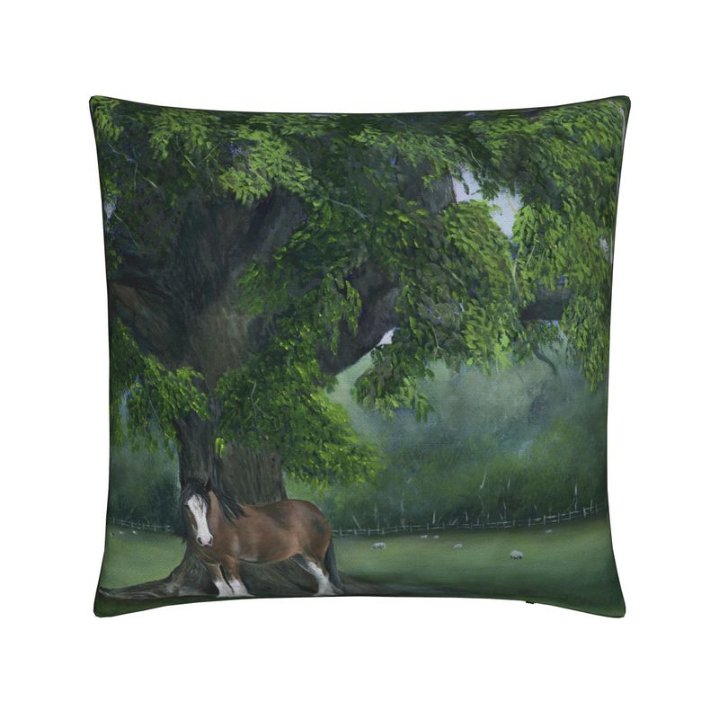 Pillow with a horse under a tree design on a white background