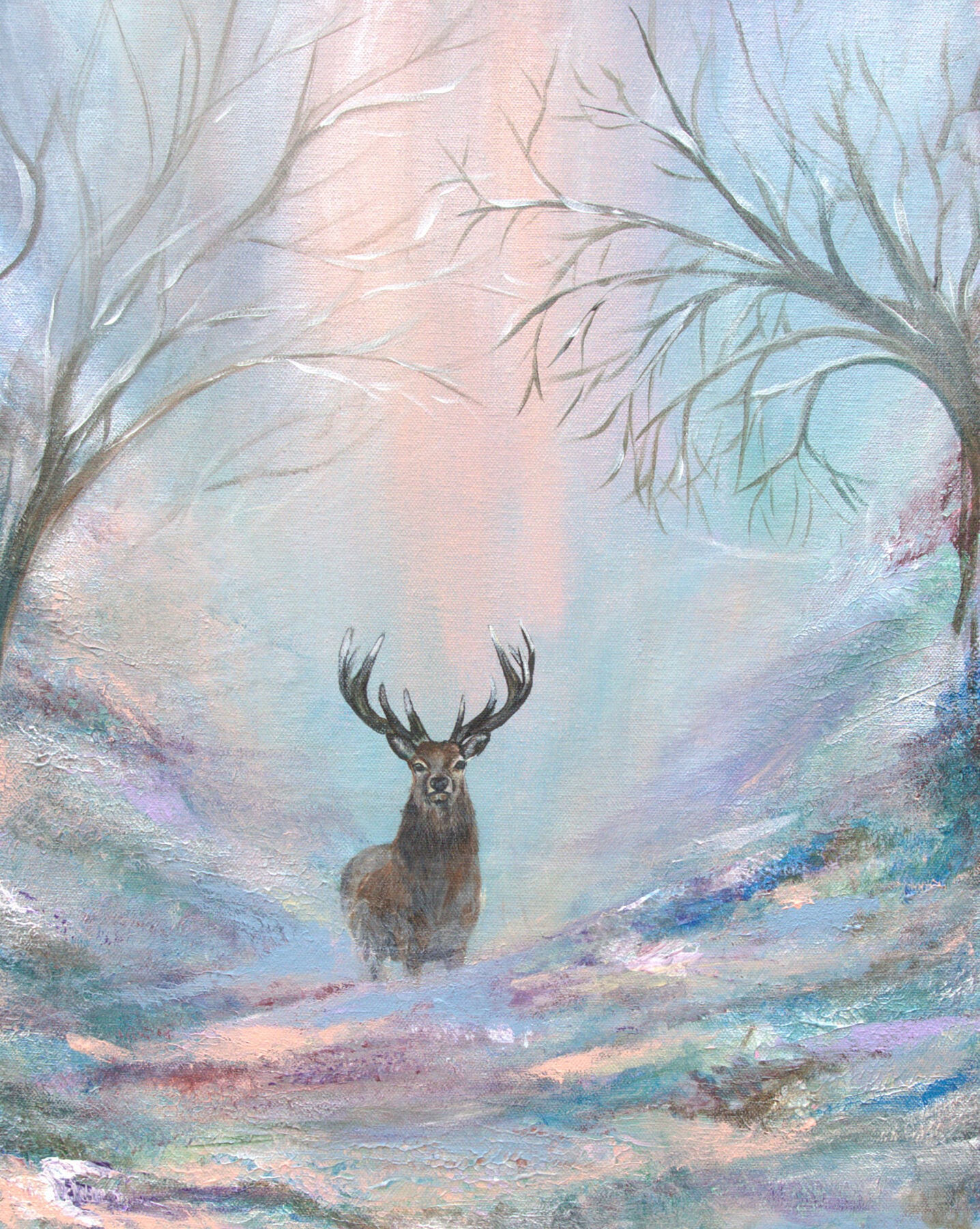 Stag in a snowy landscape with pastel colors