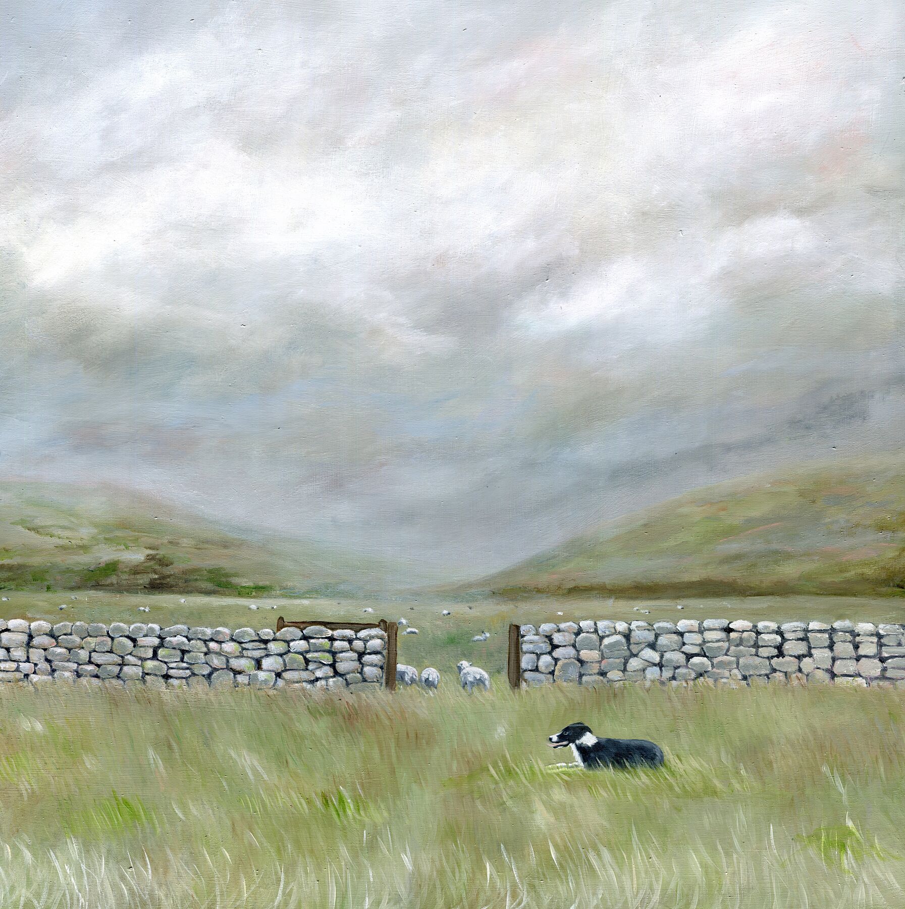Moorland Landscape art print in pastel colours with drystone wall, featuring a sheepdog and sheep