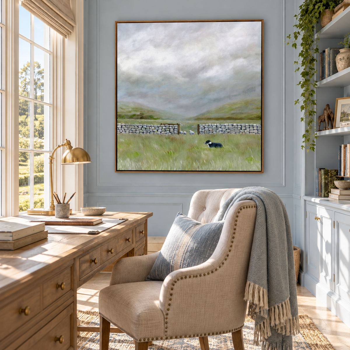 A framed landscape painting of a grassy field with a stone wall and a small dog, displayed on a light blue wall in a bright, styled home office with a wooden desk, chair, and bookshelves.