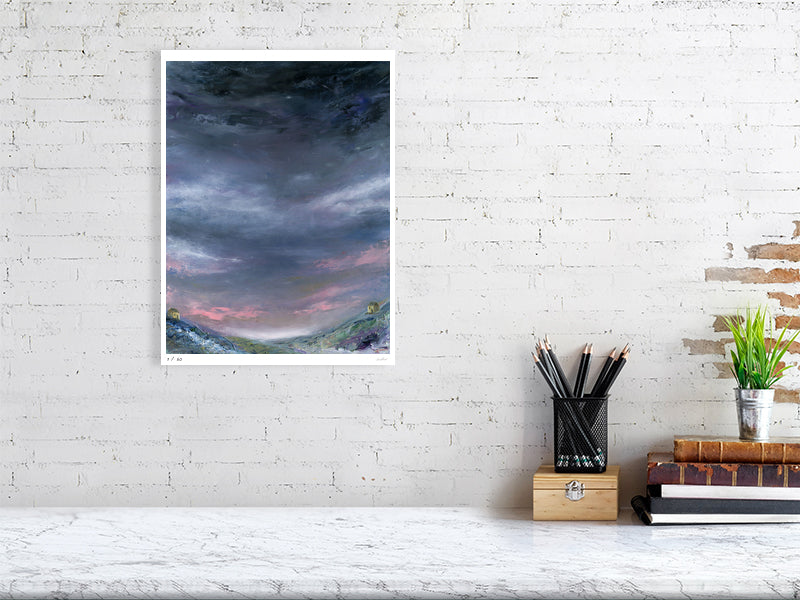 night sky moorland print above a desk