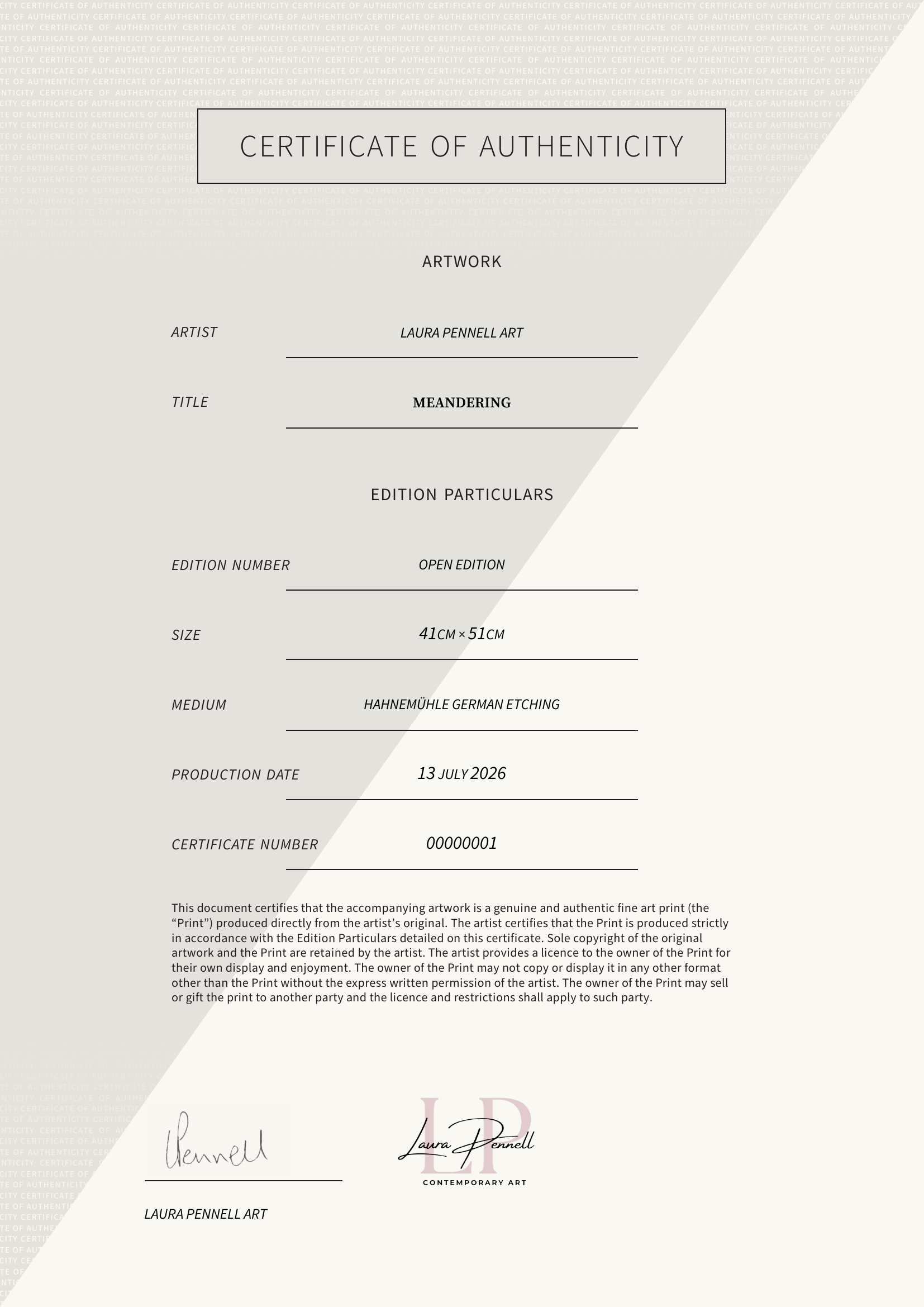 Meandering — Certificate of Authenticity