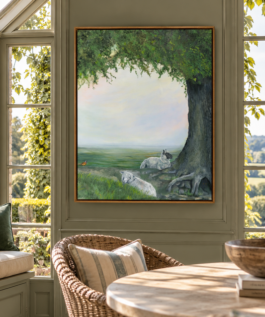 framed canvas countryside print of an idyllic pastoral scene of sheep under an oak tree