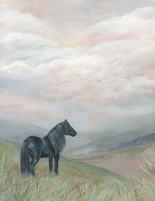Moorland Landscape art print in pastel colours with a black dales pony