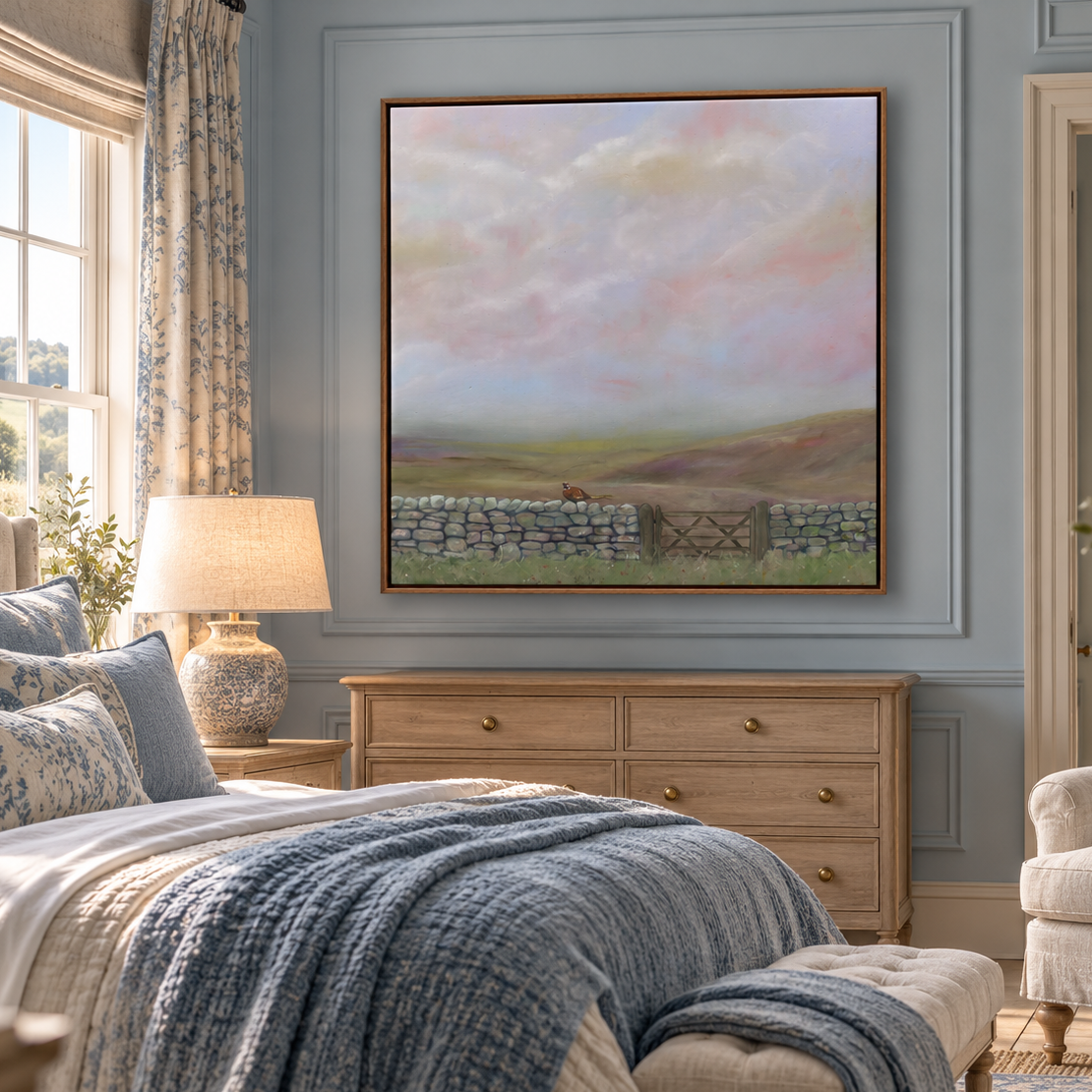 a cosy blue toned countryside bedroom with a large framed canvas print of a moorland scene with pheasant and drystone wall 