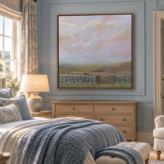 a cosy blue toned countryside bedroom with a large framed canvas print of a moorland scene with pheasant and drystone wall 