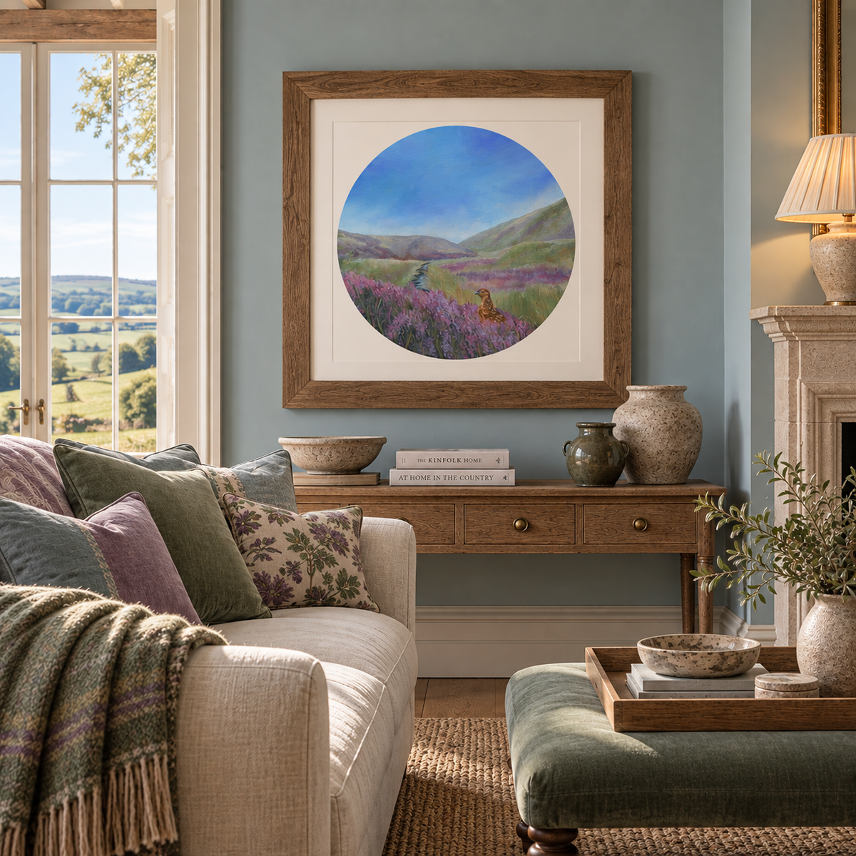 A large square framed art print featuring a circular landscape painting of moorland heather and a red grouse, displayed on a light blue wall above a wooden console table in a styled living room.