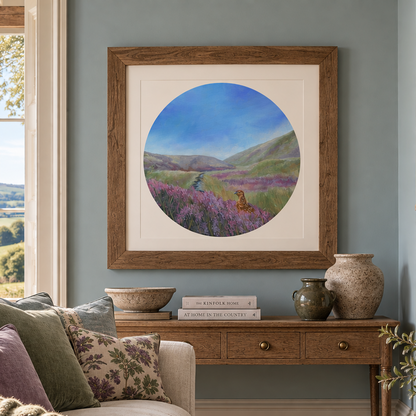 A large square framed art print featuring a circular landscape painting of moorland heather and a red grouse, displayed on a light blue wall above a wooden console table in a styled living room.
